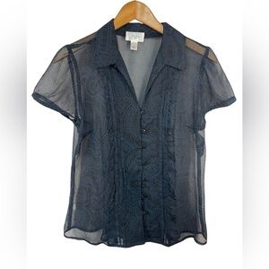 Loft sheer navy blue and black blouse. Gorgeous patter and scalloped collar.